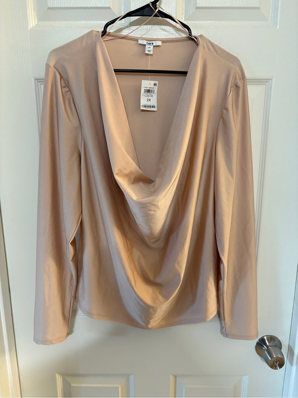 Bar III Blush Satin Cowl Neck Long Sleeve Top
